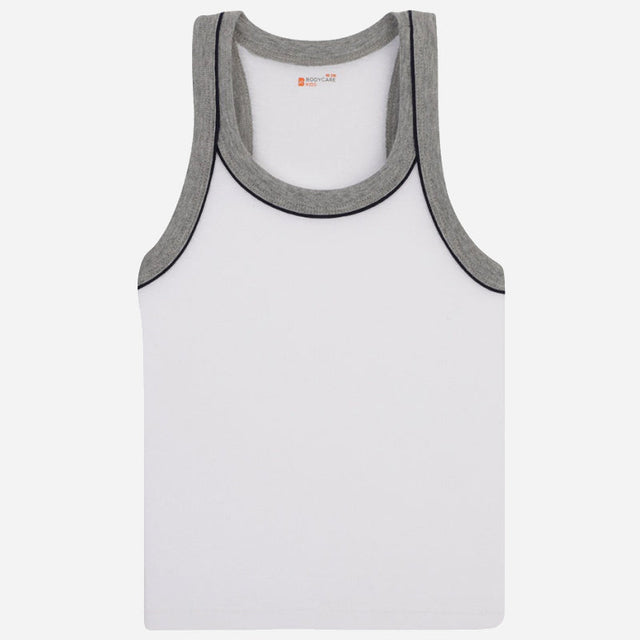 Kids white sleeveless cotton vest with grey trim, comfortable innerwear for children