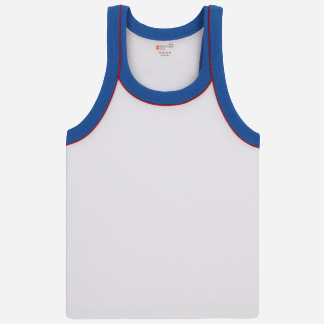 Kids white cotton sleeveless vest with blue neckline and armhole trim, front view