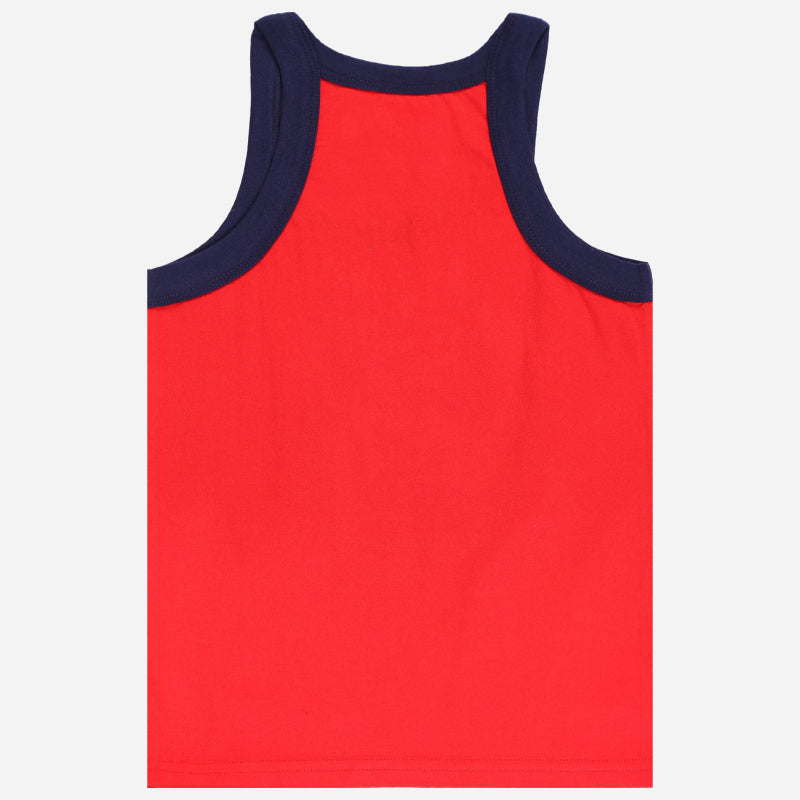 Kids red sleeveless innerwear vest with navy blue trim, soft cotton fabric