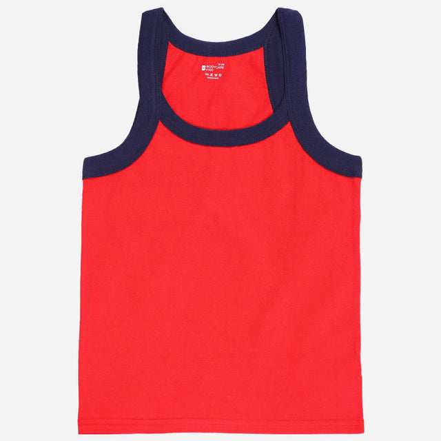 Kids red cotton sleeveless vest with navy blue trim, comfortable innerwear