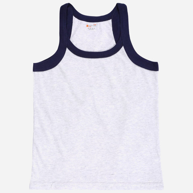 Kids sleeveless vest, light grey with navy blue trim, innerwear apparel.