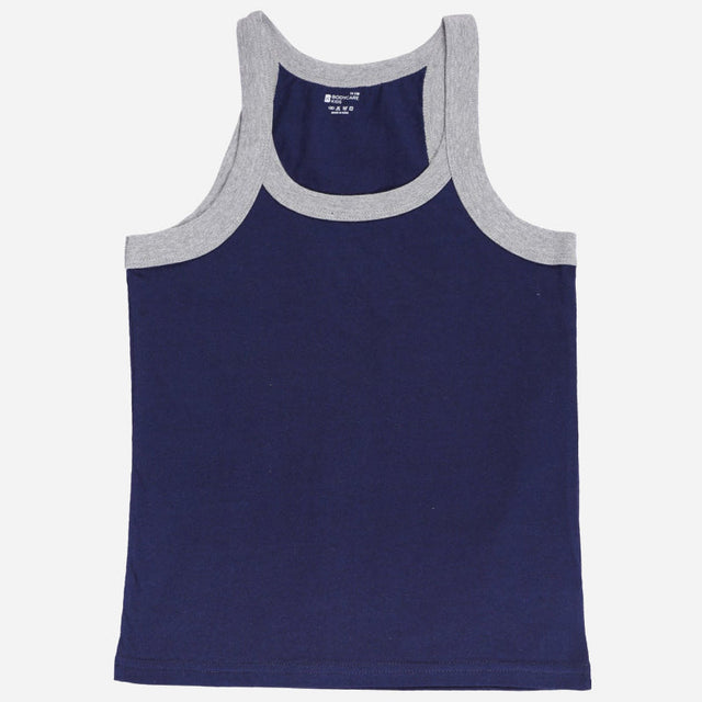 Kids navy blue sleeveless vest with grey trim, soft cotton innerwear for boys