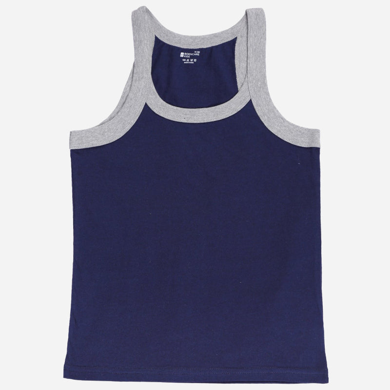 Kids navy blue sleeveless vest with grey trim, soft cotton innerwear for boys