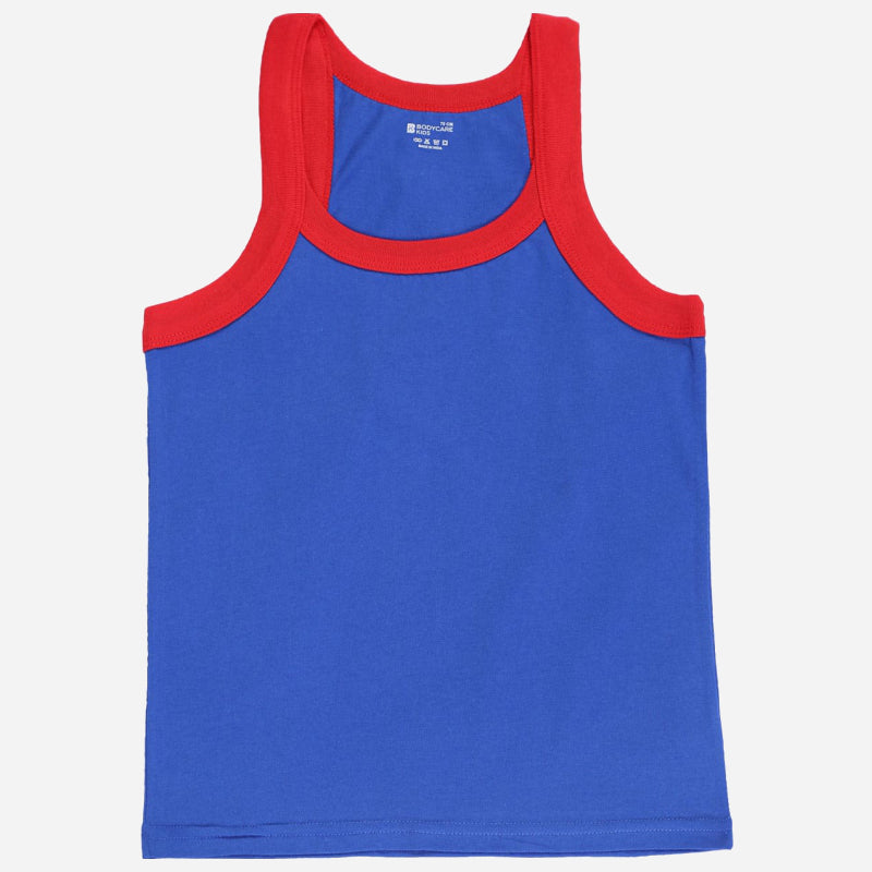 Kids blue sleeveless cotton vest with red trim, comfortable innerwear for boys