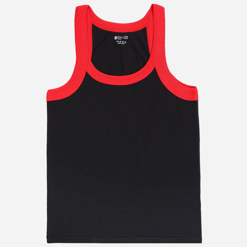 Kids black sleeveless vest with red trim, comfortable cotton innerwear