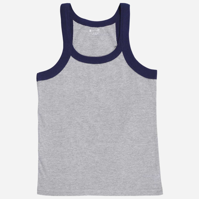 Kids grey sleeveless innerwear vest with navy blue border, soft cotton, comfortable fit