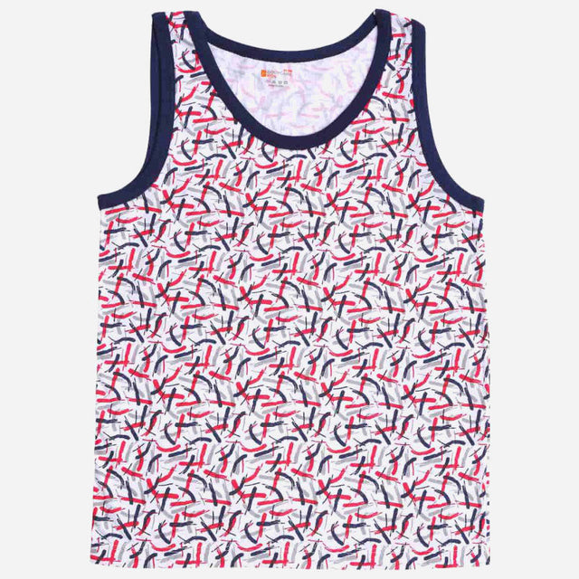 Kids sleeveless vest with navy and red abstract print, comfortable innerwear.
