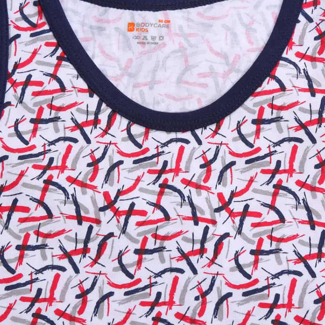 Kids sleeveless vest with abstract red, blue, and grey brushstroke pattern, navy trim
