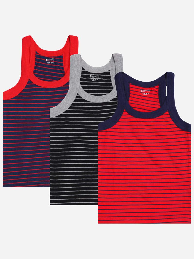 Kids striped sleeveless innerwear vests multipack in red, navy, and black colors