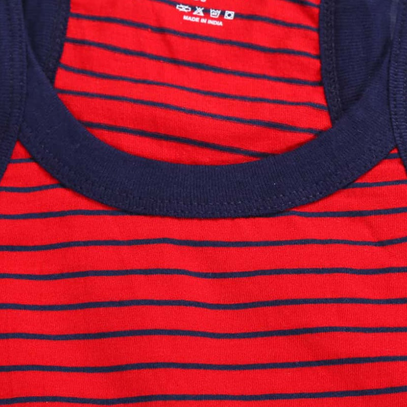 Red kids innerwear tank top with navy blue stripes and neckline, close-up view