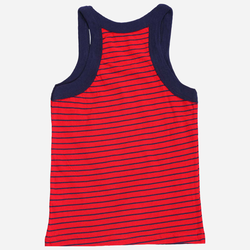 Kids red tank top with navy blue stripes and navy trim, comfortable innerwear