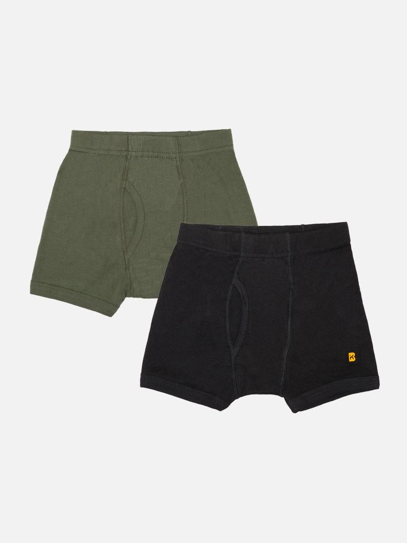 Kids innerwear shorts multipack in black and olive green, soft cotton, front view