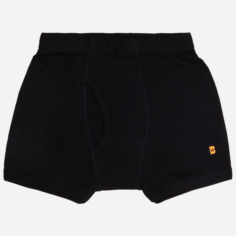 Black boys' cotton boxer briefs with elastic waistband and small yellow logo on leg