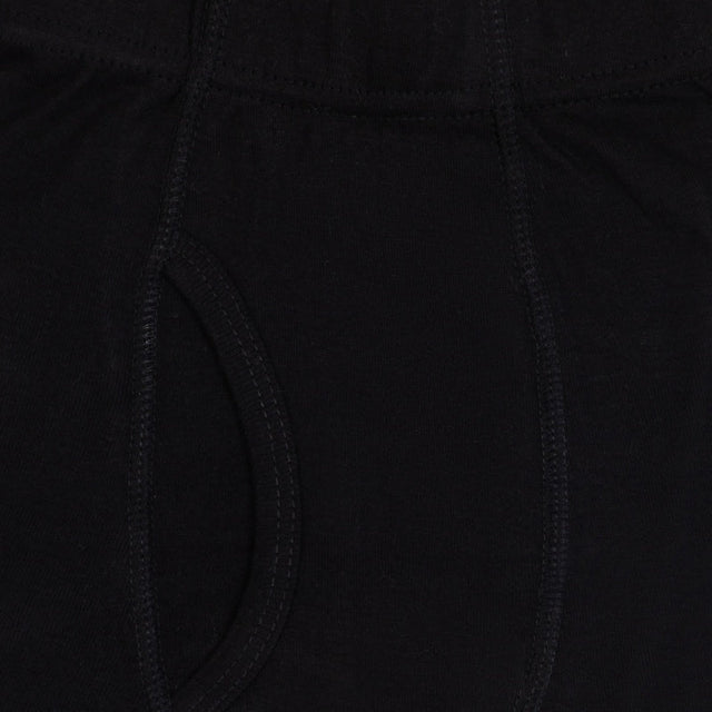 Close-up of black boys' cotton innerwear with elastic waistband and stitched fly