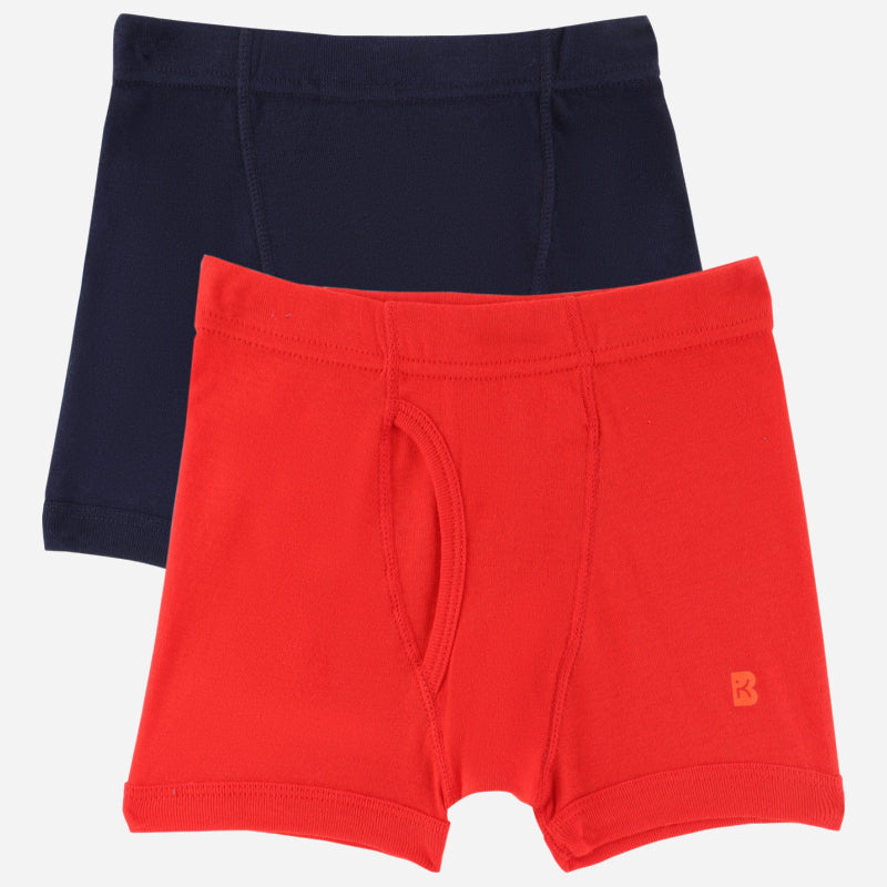 Kids innerwear multipack with one red and one navy blue cotton boxer briefs
