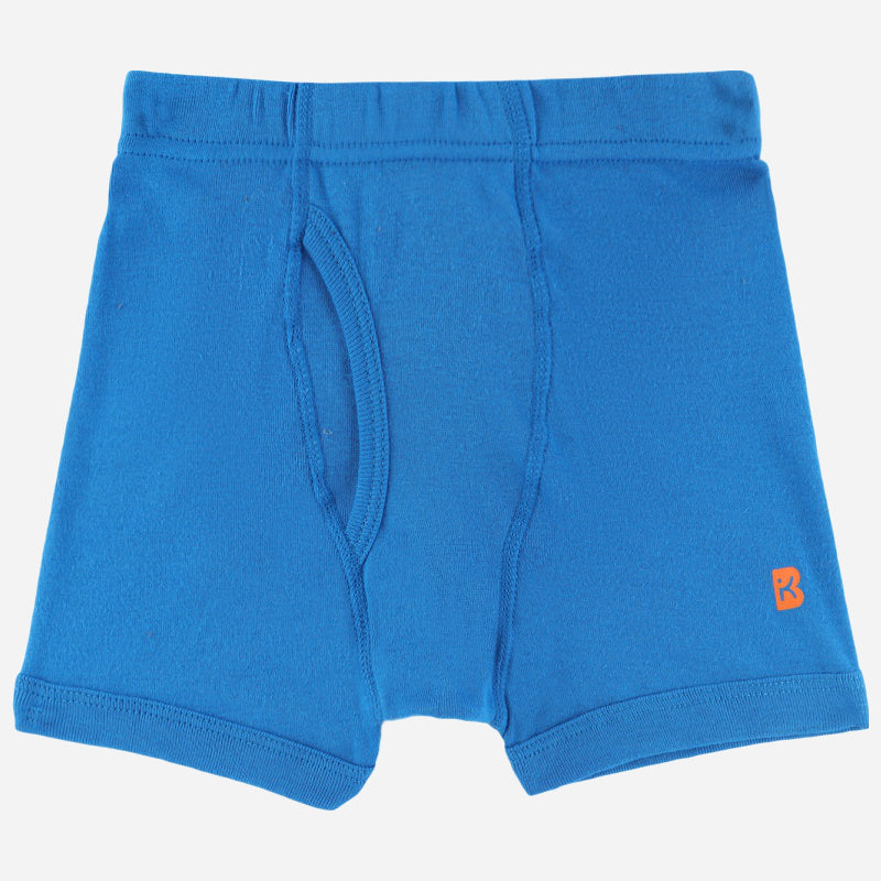 Blue kids boxer brief innerwear with elastic waistband and orange logo on leg