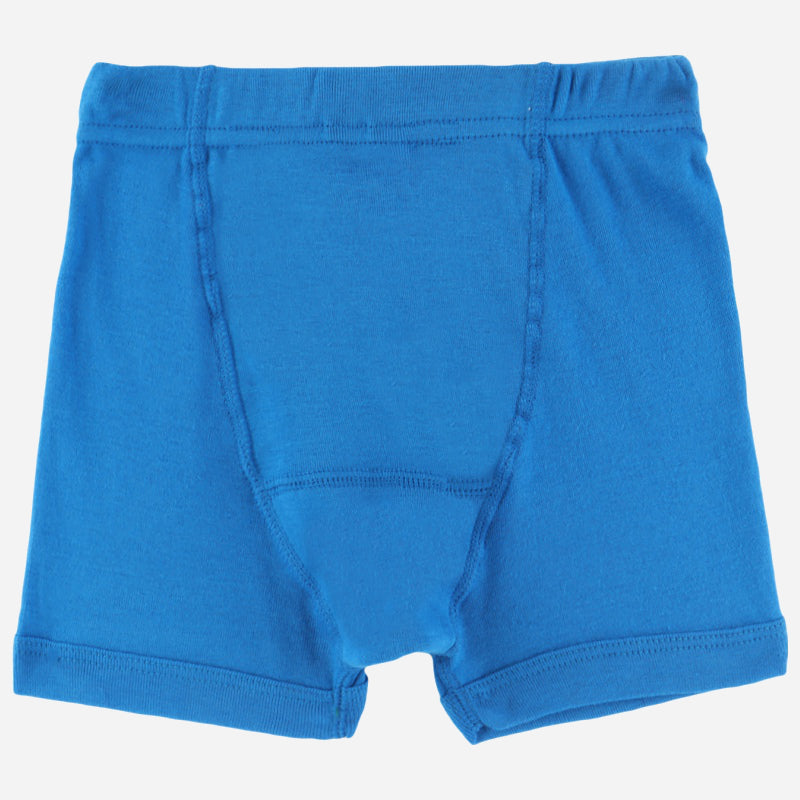 Bright blue kids' cotton boxer brief with comfortable elastic waistband on white background