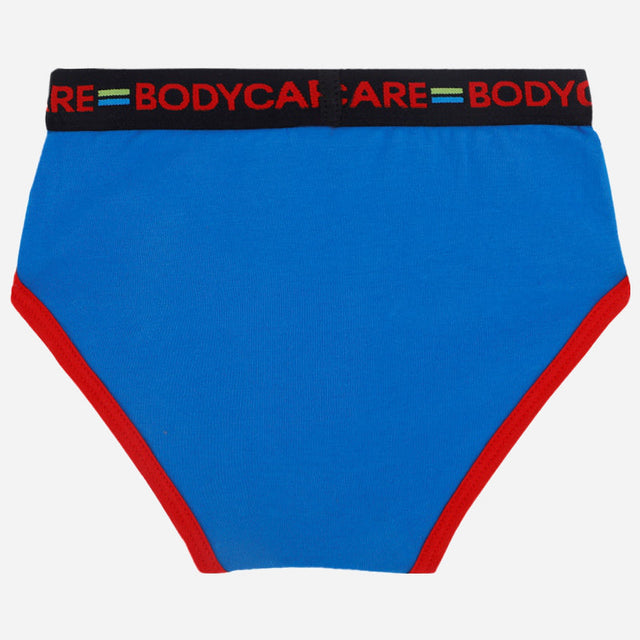 Blue kids innerwear brief with red trim and black waistband featuring text design