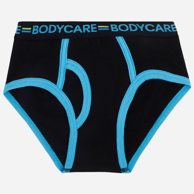 Black boys' brief underwear with blue trim and waistband featuring BODYCARE text