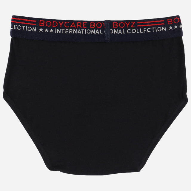 Boys black cotton brief underwear with elastic waistband and red text detail