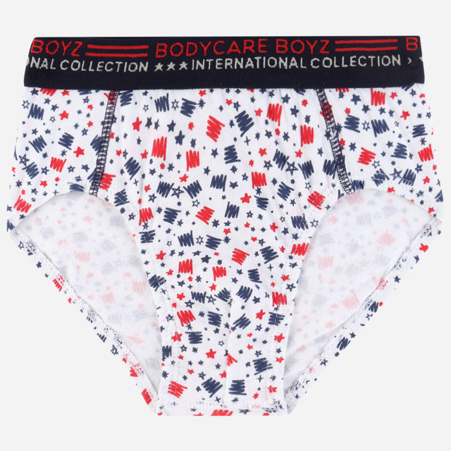 Boys white printed briefs with red and navy abstract star pattern and branded elastic waistband