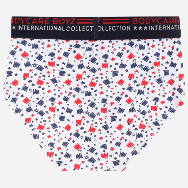 Boys' white printed underwear with red and navy doodle pattern and elastic waistband