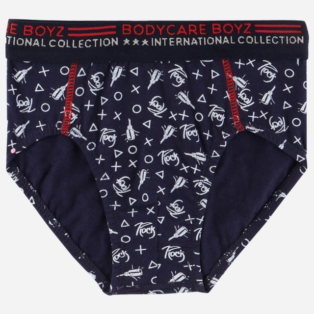 Navy blue boys' brief underwear with playful white rock-themed print and red waistband accents.