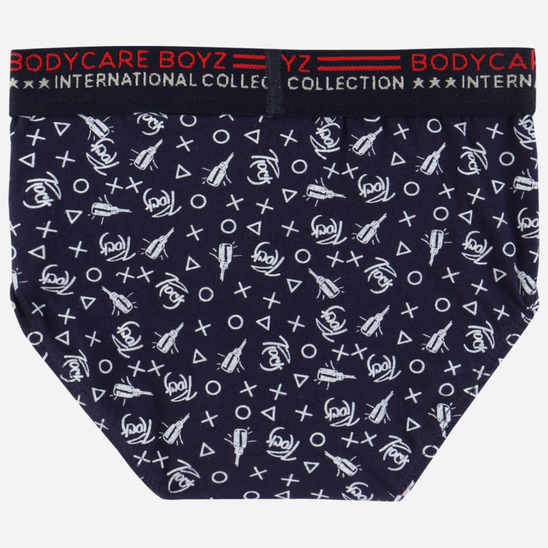 Navy blue boys' innerwear brief with rockets and geometric print, elastic waistband