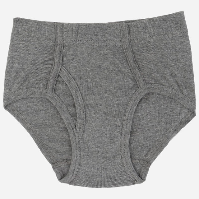 Soft grey cotton kids briefs, comfortable innerwear with elastic waistband on white background.