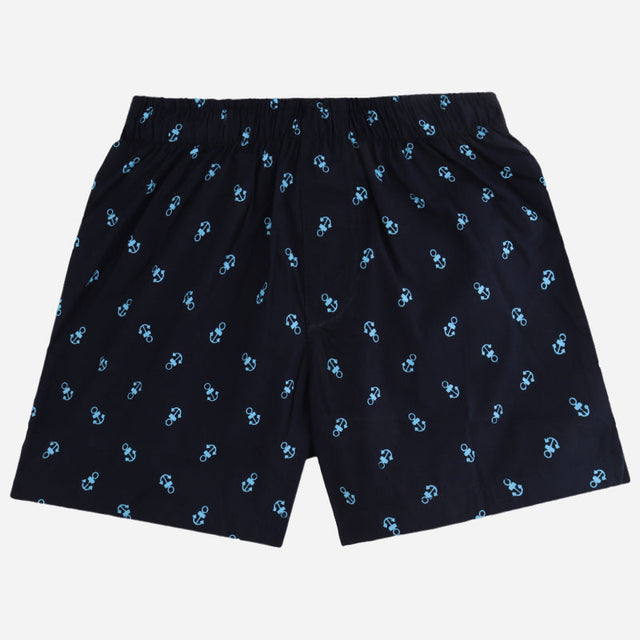 Navy blue kids boxer shorts with blue anchor print, elastic waistband, flat lay front view