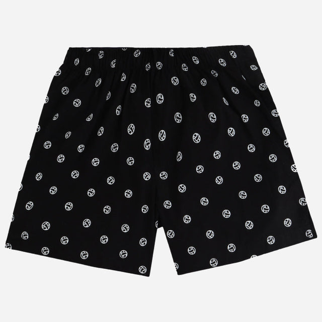 Black boys' boxer shorts with white geometric print, elastic waistband, soft cotton innerwear