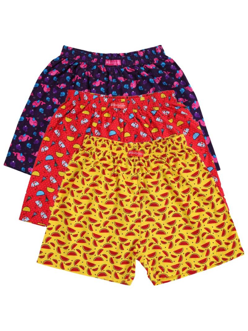 Kids innerwear multipack with colorful fruit and cupcake prints on shorts