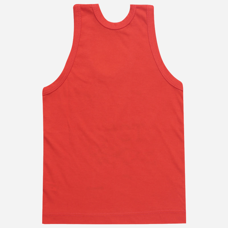 Plain red cotton kids vest innerwear, sleeveless, back view, isolated on white background