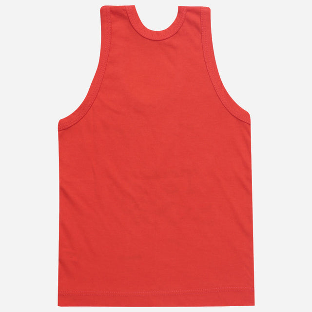 Plain red cotton kids vest innerwear, sleeveless, back view, isolated on white background