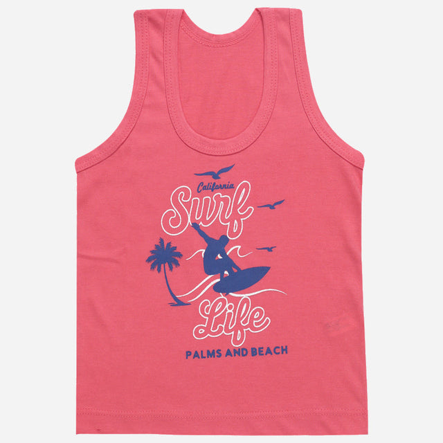 Pink kids sleeveless vest with California surf life beach print and palm tree graphic