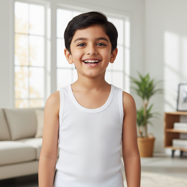 Smiling boy in white sleeveless cotton vest, kids innerwear, bright living room background