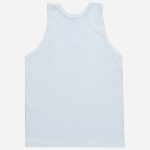 Plain white sleeveless cotton vest for kids, back view on white background
