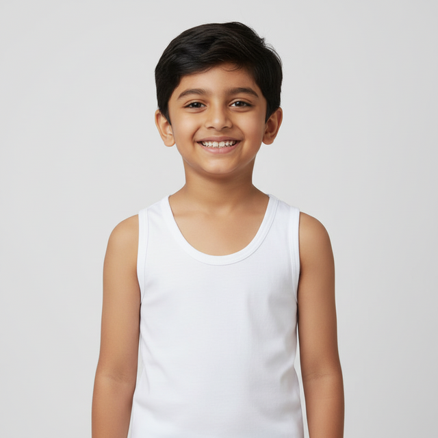 Smiling boy wearing a white sleeveless cotton vest, kids innerwear, plain background.