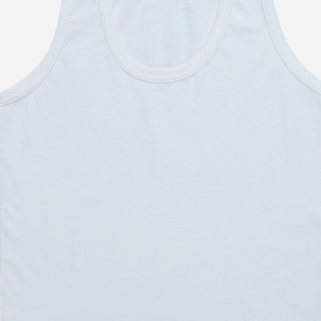 Close-up of plain white cotton sleeveless kids undershirt with round neckline