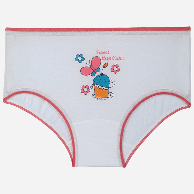 Girls' white cotton brief with pink trim, cupcake and butterfly print, Sweet Cup Cake text