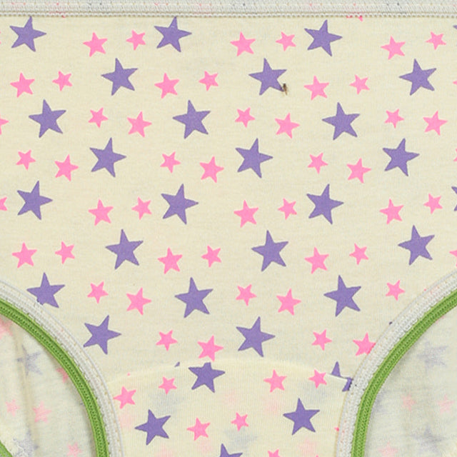 Kids underwear with purple and pink star print and green trim, close-up view