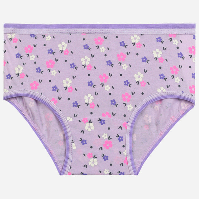 Lilac girls' underwear with pink and white floral print, soft cotton, comfortable fit