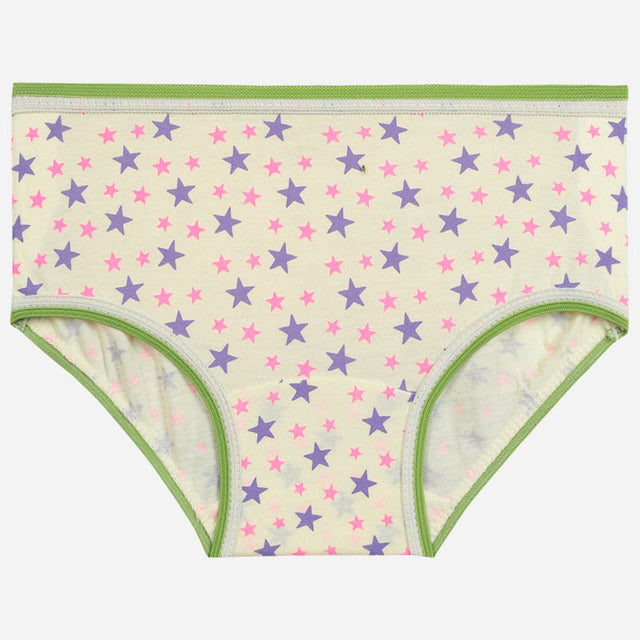 Kids underwear with purple and pink star print, green trim, soft cotton innerwear