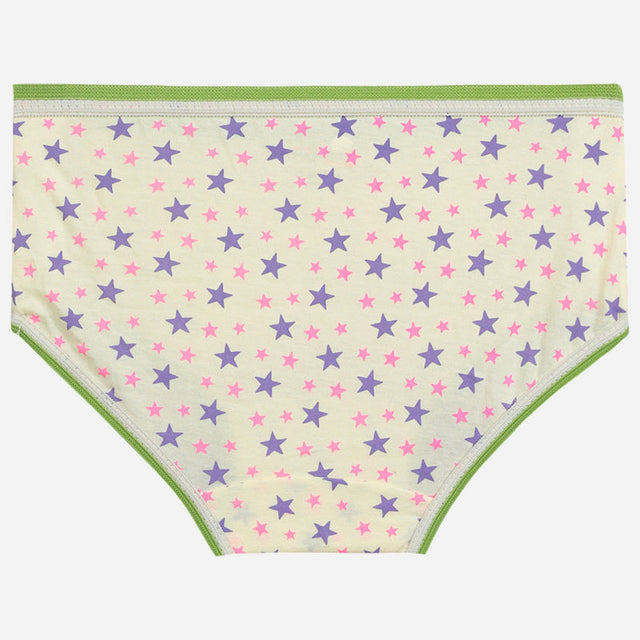 Kids cotton underwear with purple and pink star print and green trim on white background
