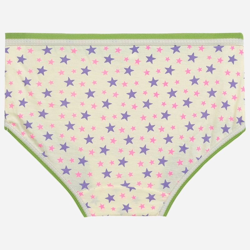 Kids cotton underwear with purple and pink star print and green trim on white background