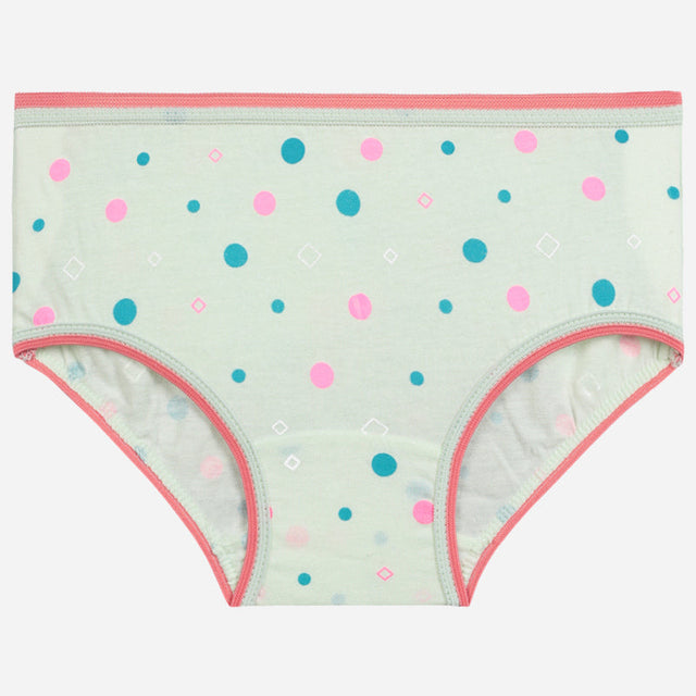 Light green kids' underwear with blue and pink polka dots and pink trim, innerwear apparel