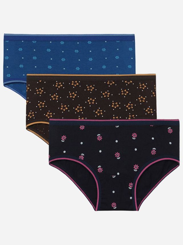 Set of three girls' cotton briefs with floral prints in blue and black colors