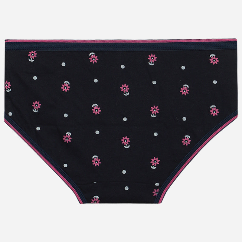 Girls' black cotton underwear with pink floral and white polka dot print, soft fabric.