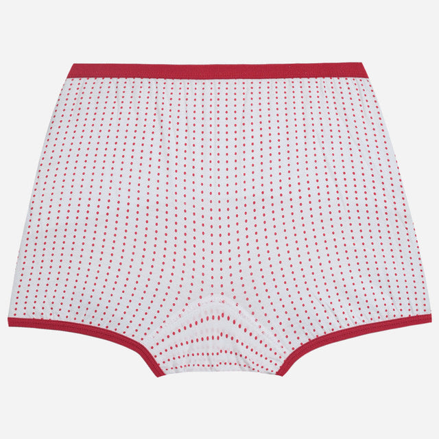 White kids underwear with red polka dots and red elastic waistband and trim