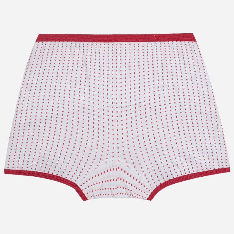 White kids underwear with red polka dots and red elastic waistband and trim